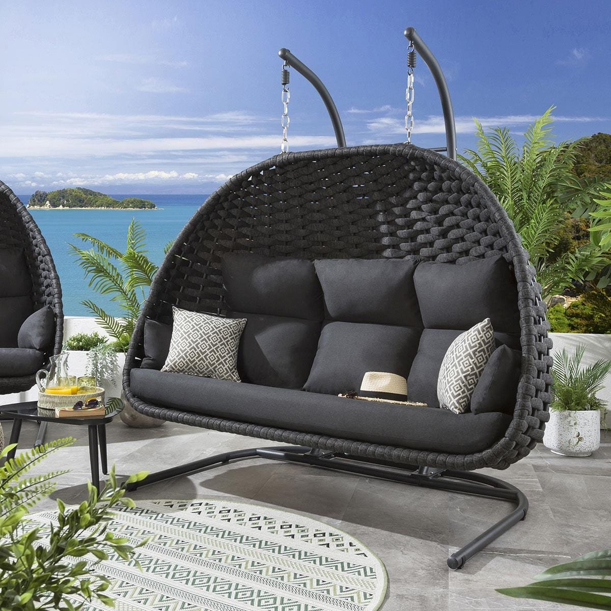 01_22a7ef48-a2c9-4bc4-ae96-487b267976f0 Lleu Three Seater Hanging Swing With Stand For Balcony, Garden Swing (Grey) Braid & Rope - Image 1