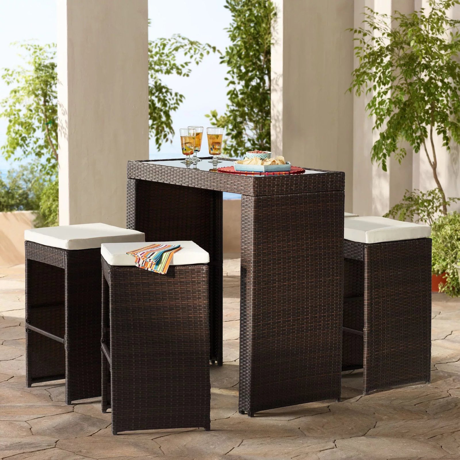 1 Capone Outdoor Patio Bar Sets 4 Stools and 1 Table (Dark Brown) - Image 1