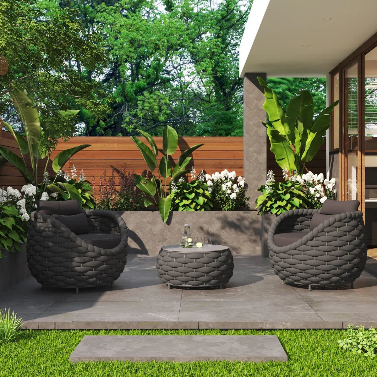 1_41de80e9-6a03-43c5-9a31-6e296775bddb Outlee Outdoor Patio Seating Set 2 Chairs and 1 Table Set (Dark Grey) Braided & Rope - Image 1