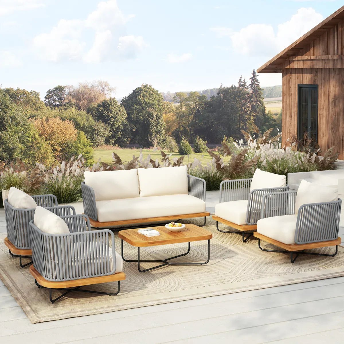 1_59d7495b-a4db-4f80-91d6-fb73c44adbd2 Logema Outdoor Garden Balcony Sofa Set 2 Seater,4 Single Seater With 1 Table Set, Braid & Rope (Grey + Beige) - Image 1