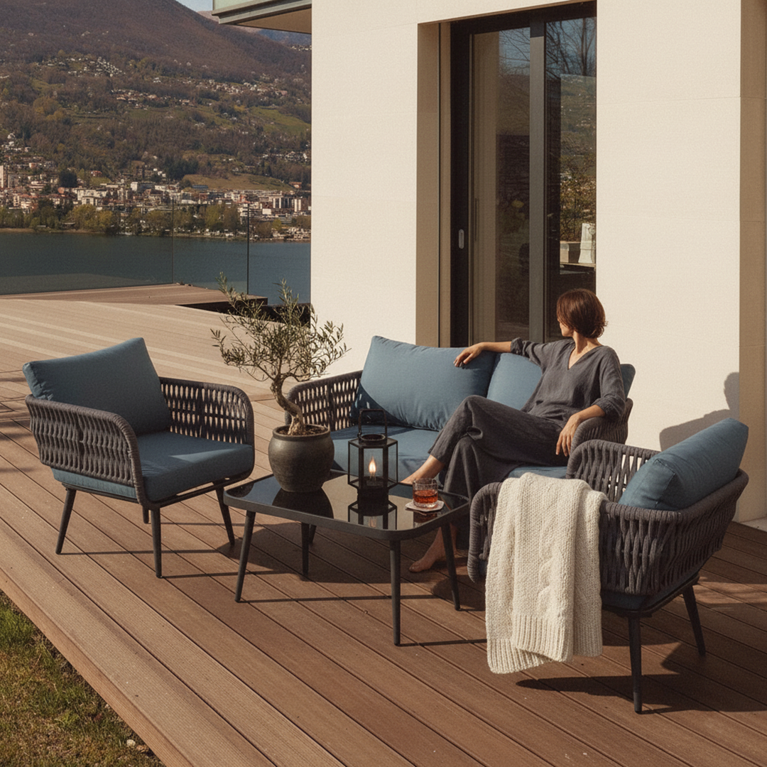1_a82b5f88-7f8e-45df-9ddb-7122337aa5ed Polari Outdoor Garden Balcony Sofa Set 2 Seater , 2 Single Seater 1 Center Table Set (Grey) Braided and Rope - Image 1