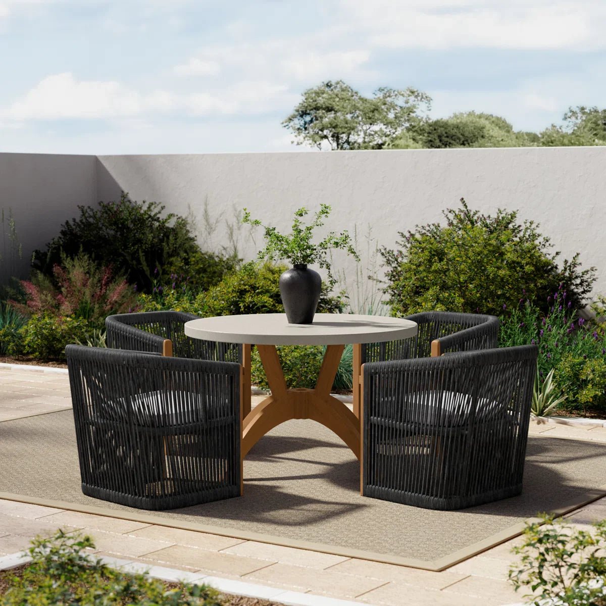2_0a21fb45-6d10-4ea4-a111-bdb9bd9562ba Issoro Outdoor Garden Patio Dining Set 4 Chairs and 1 Table Set (Black) Braided & Rope - Image 1