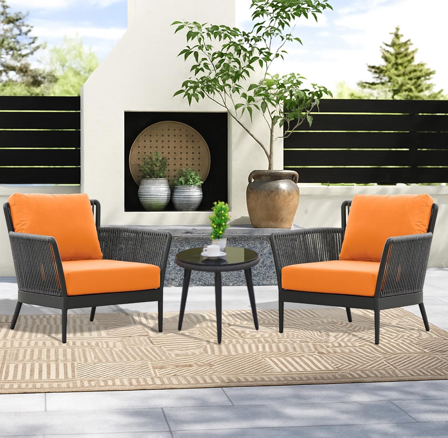 2_2564baa0-7d28-4887-8766-195b2bf5f72c Tito Outdoor Patio Seating Set 2 Chairs and 1 Table Set (ORANGE) Braided & Rope - Image 1