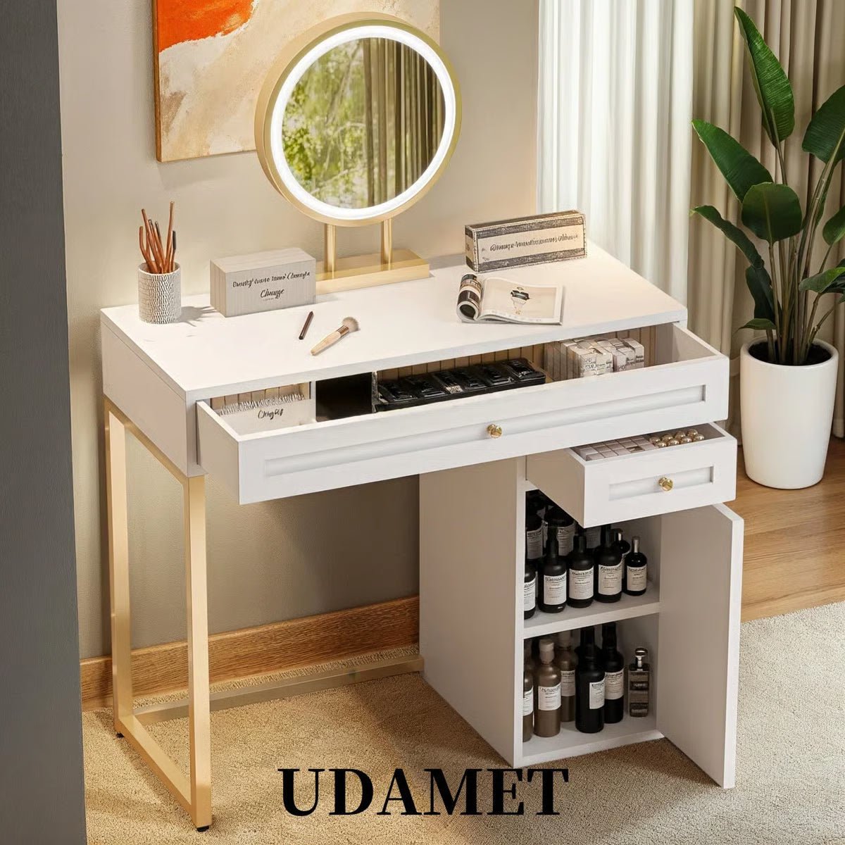 Stylish 31.5" White & Gold Makeup Vanity Desk with LED Mirror, 2 Drawers & Adjustable Shelf - Image 7