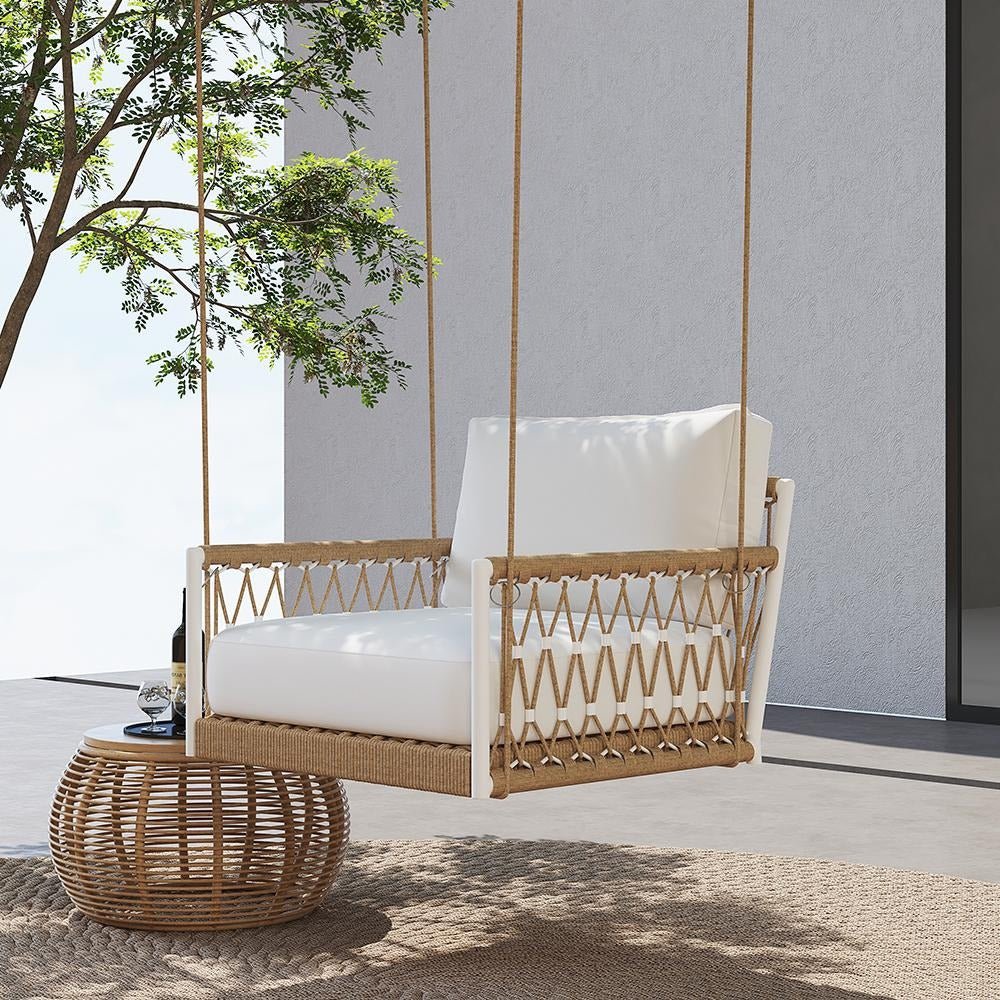 3_24a7a440-8de7-4ab7-a8a8-269ab94c2707 Ulek Single Seater Hanging Swing Without Stand For Balcony , Garden Swing (White + Tan) Braided & Rope - Image 1