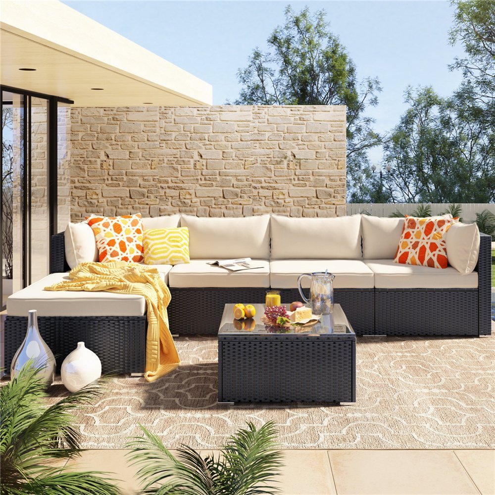 4ff98ef9-fd93-4153-b26f-f87628aafa76.0db656dcd6ca44e01d76792d7ec4faf3 Ollie Outdoor Patio Sofa Set 4 Seater and 1 Table With 1 Ottoman Set (Black + Cream) - Image 1