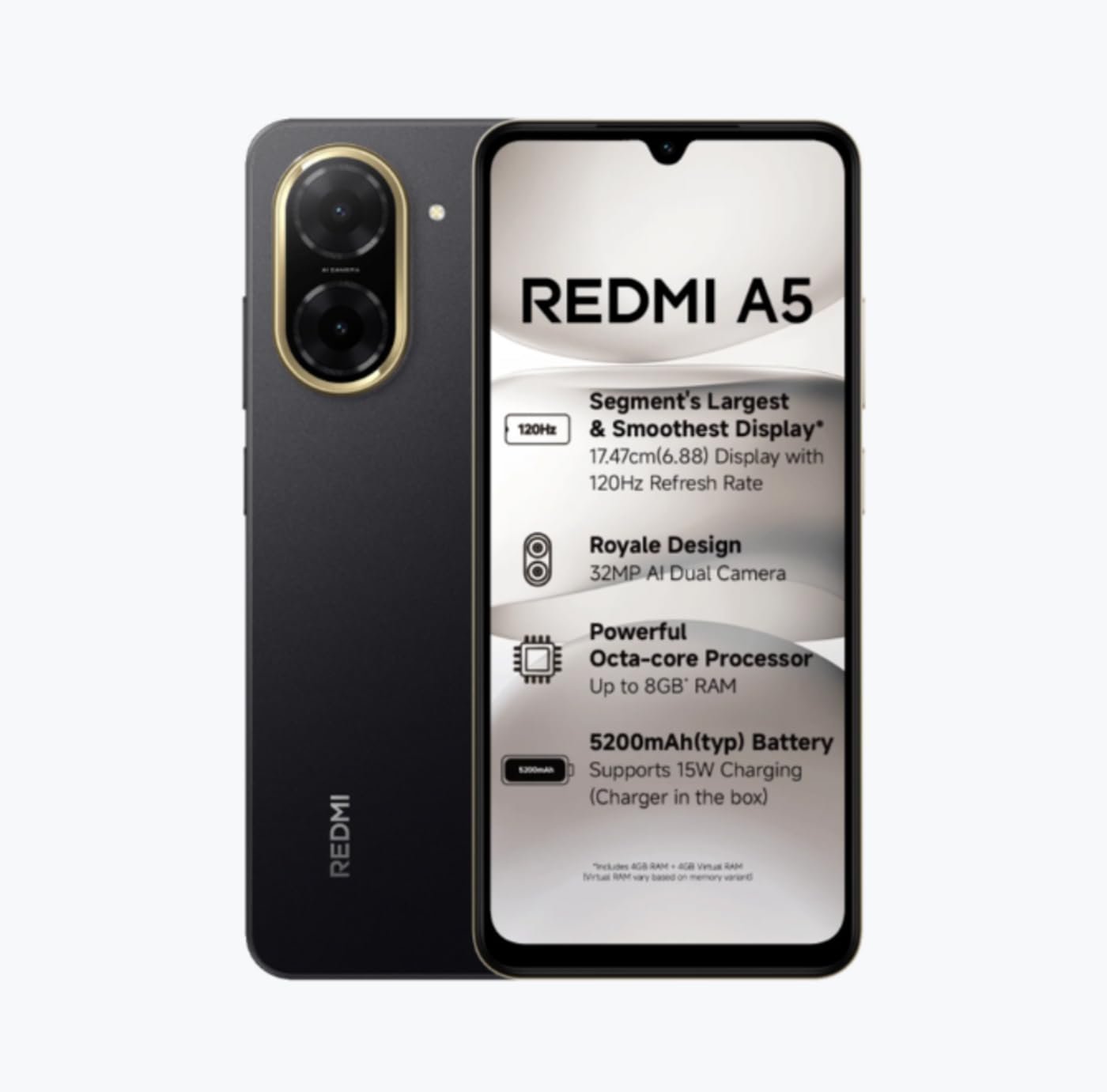 51eFLXNsdCL._SL1400 Redmi A5 Just Black (3GB RAM 64GB Storage) | Royale Design | Segment's Largest 17.47cm(6.88) and Smoothest 120Hz Display | 5200mAh Large Battery | Expandable Storage up to 2TB - Image 1