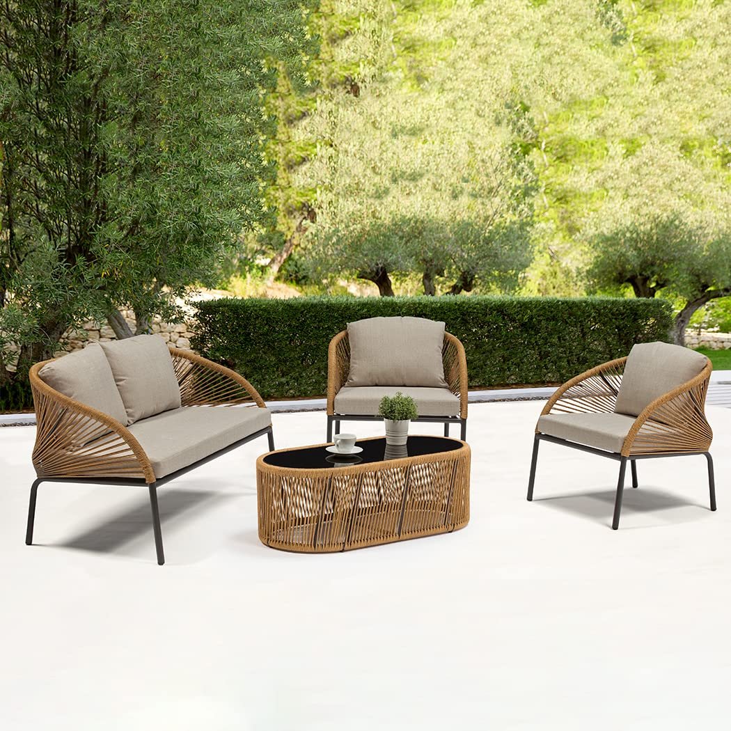 71Y-NCfjqcL._SL1050 Willa Outdoor Sofa Set 2 Seater , 2 Single seater and 1 Center Table Set (Beige) Braided & Rope - Image 1