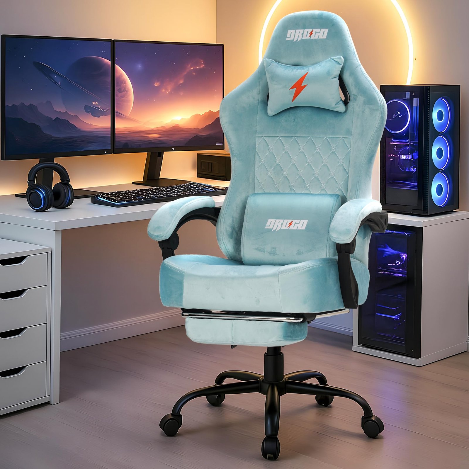 81vPWrE4cFL Drogo AeroX Gaming Chair with Luxurious Suede Fabric, Armrest, Neck & Lumbar Pillow - Image 1
