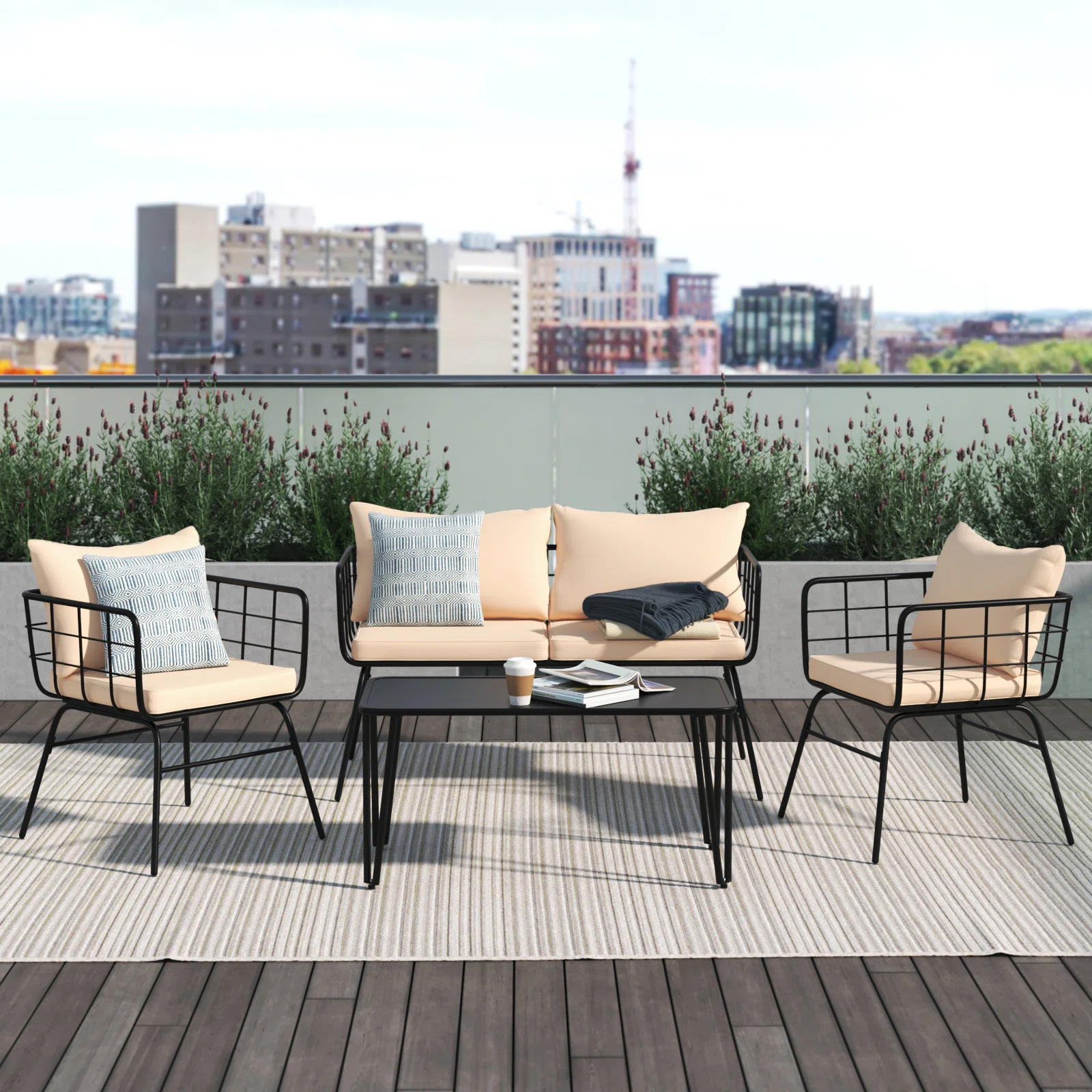Arvenita_Metal_4_-_Person_Seating_Group_with_Cushions Blog Outdoor Sofa Set 2 Seater , 2 Single seater and 1 Center Table Set (Black + Beige) - Image 1