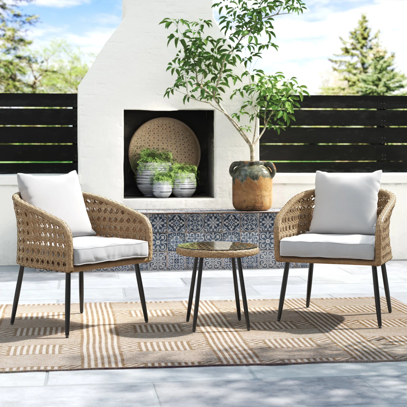 Bristol_High-Density_Polyethylene_HDPE_Wicker_2_-_Person_Seating_Group_with_Cushions Yuri Outdoor Patio Seating Set 2 Chairs and 1 Table Set (Honey) - Image 1