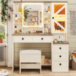 Rustic Farmhouse Makeup Vanity Set – Vintage White Table with Stool