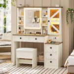 Rustic Farmhouse Makeup Vanity Set – Vintage White Table with Stool - Image 3