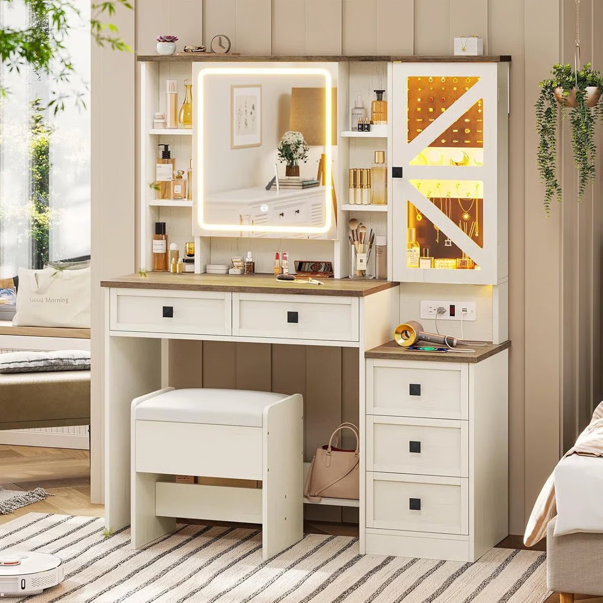 Rustic Farmhouse Makeup Vanity Set – Vintage White Table with Stool - Image 3