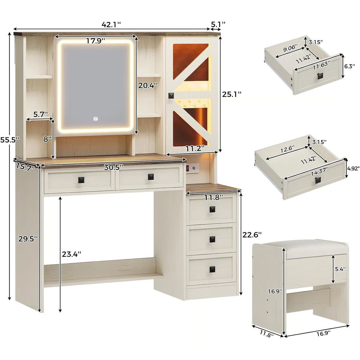 Rustic Farmhouse Makeup Vanity Set – Vintage White Table with Stool - Image 15