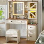 Rustic Farmhouse Makeup Vanity Set – Vintage White Table with Stool - Image 4