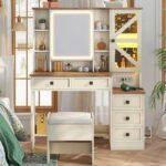 Rustic Farmhouse Makeup Vanity Set – Vintage White Table with Stool - Image 6
