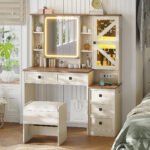 Rustic Farmhouse Makeup Vanity Set – Vintage White Table with Stool - Image 7