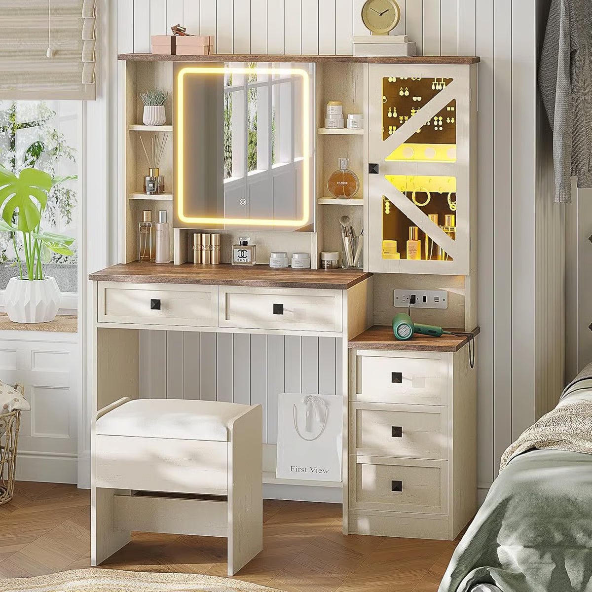 Rustic Farmhouse Makeup Vanity Set – Vintage White Table with Stool - Image 7
