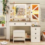 Rustic Farmhouse Makeup Vanity Set – Vintage White Table with Stool - Image 8