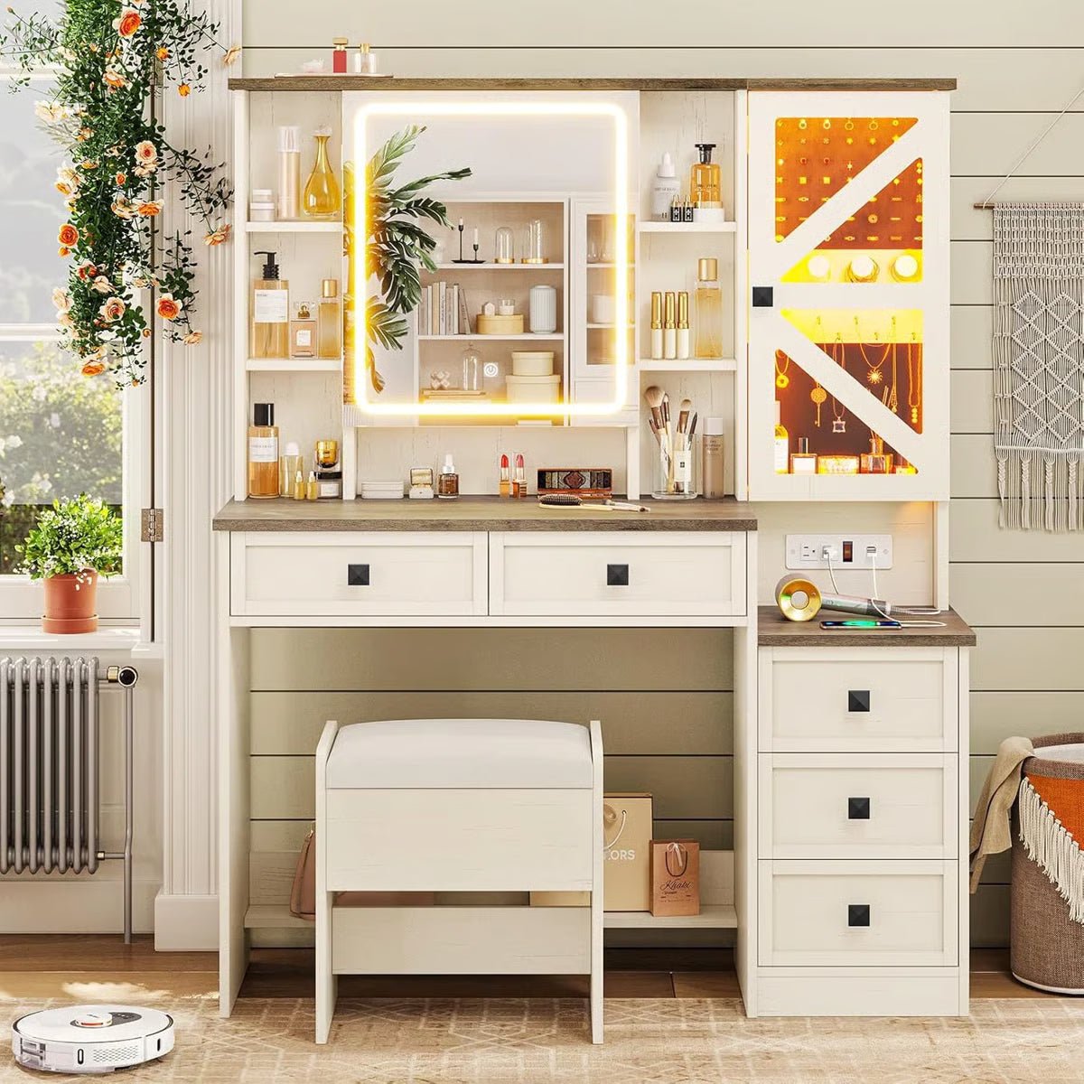 Rustic Farmhouse Makeup Vanity Set – Vintage White Table with Stool - Image 8