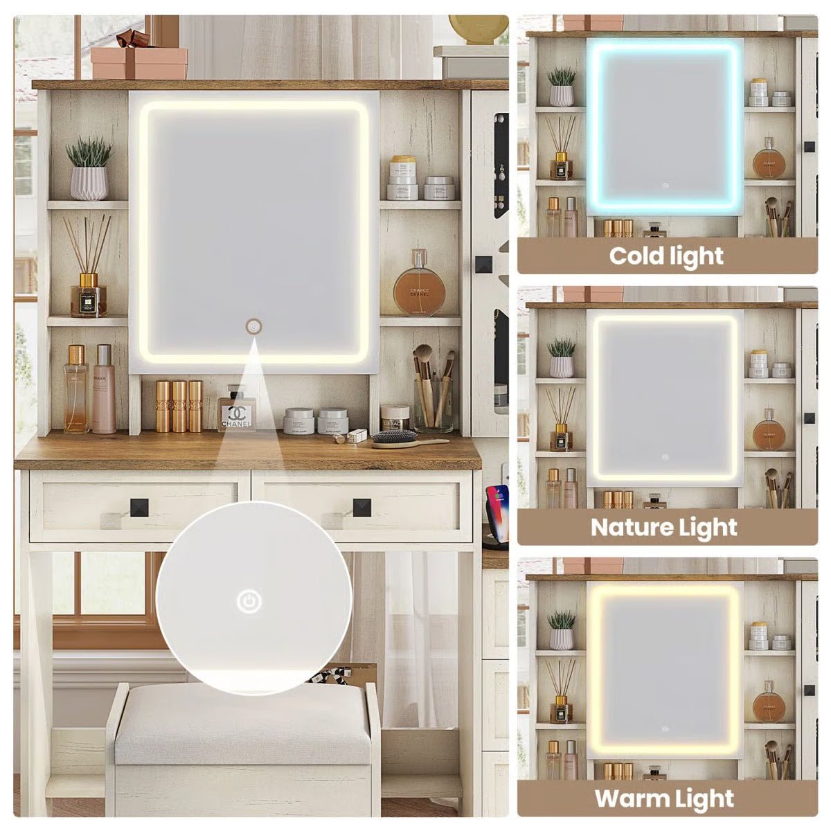 Rustic Farmhouse Makeup Vanity Set – Vintage White Table with Stool - Image 11