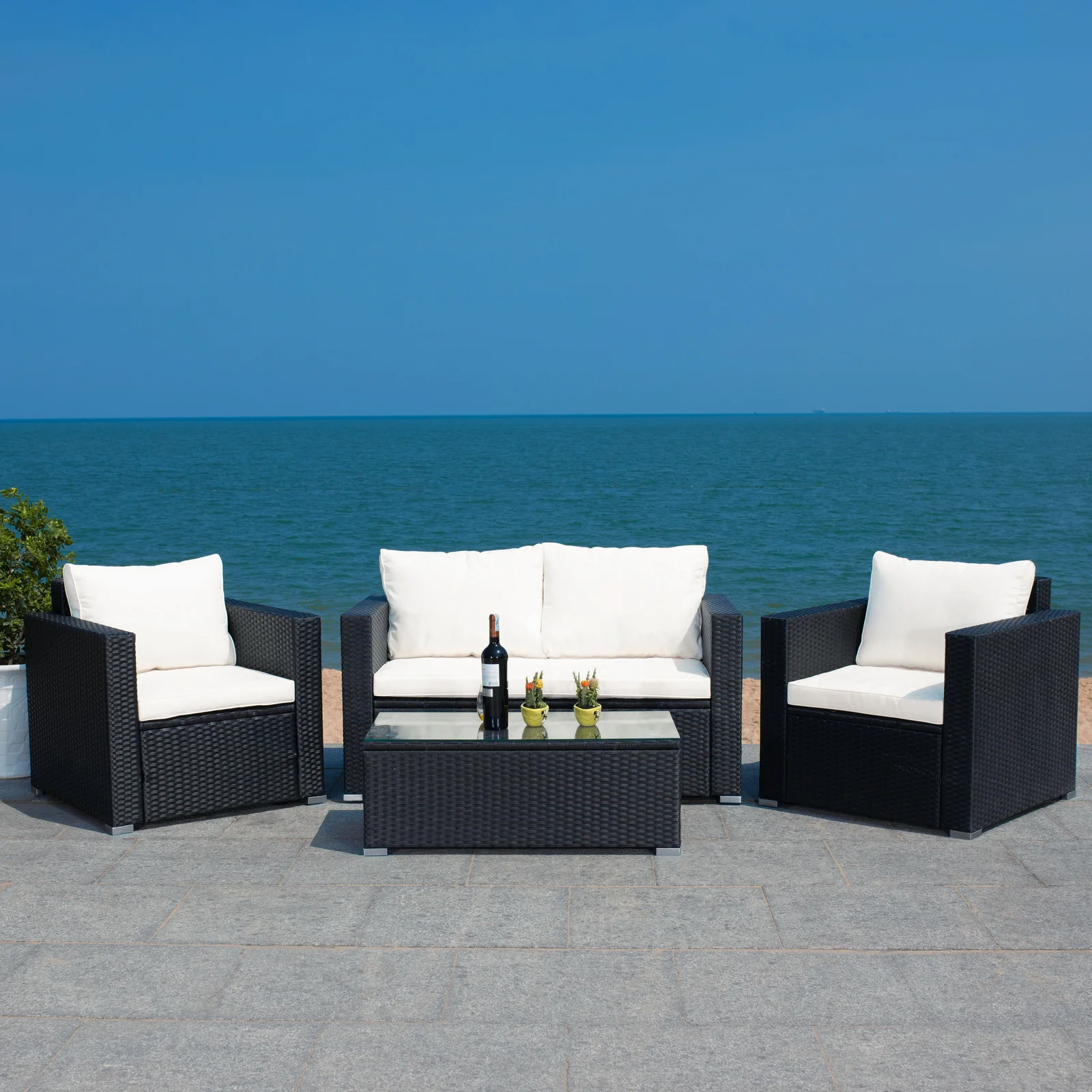 Hardesty_Wicker_Rattan_4_-_Person_Seating_Group_with_Cushions_1 Power Outdoor Sofa Set 2 Seater , 2 Single seater and 1 Center Table Set (White) - Image 1