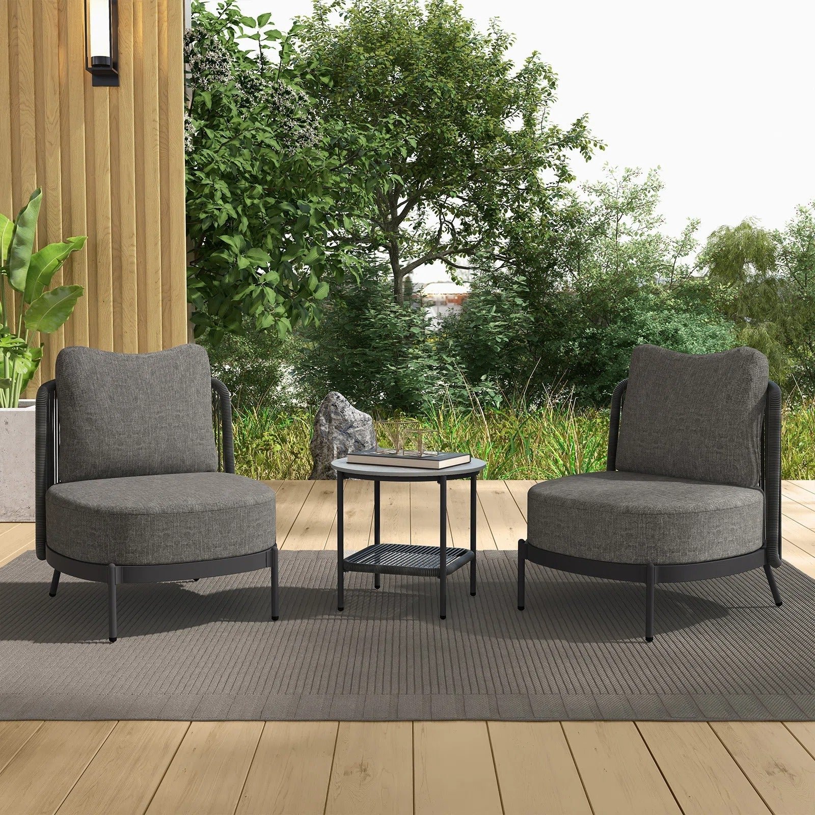 HarjovanMetal2-PersonSeatin Sleak Outdoor Patio Seating Set 2 Chairs and 1 Table Set (Dark Grey) - Image 1