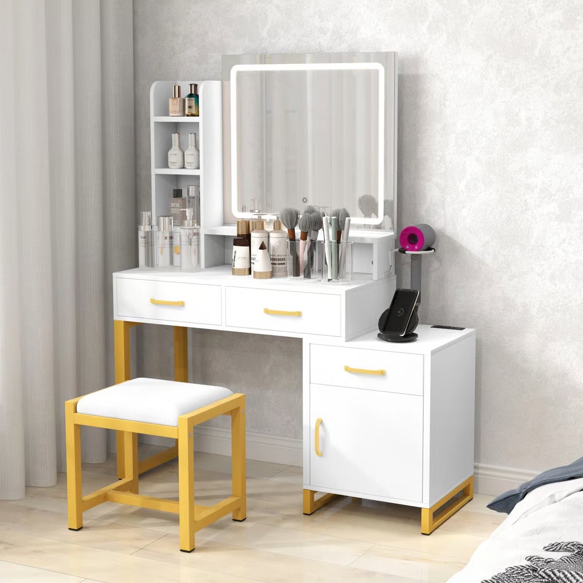 LED_Light_Bulb_Vanity_With_Stool-1930531088 LED Lighted Vanity Set – Makeup Table with Mirror and Stool Included - Image 1