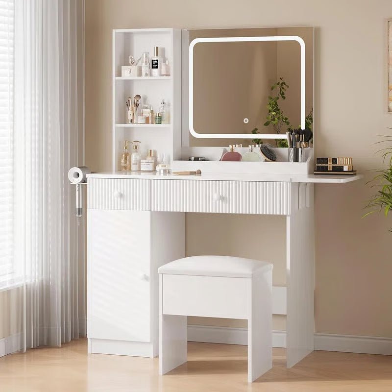 Makeup Vanity Desk w/ LED Lights & Power Outlets - 2 Drawers, Cabinet & Stool - Dressing Table with Charging Station - Image 1