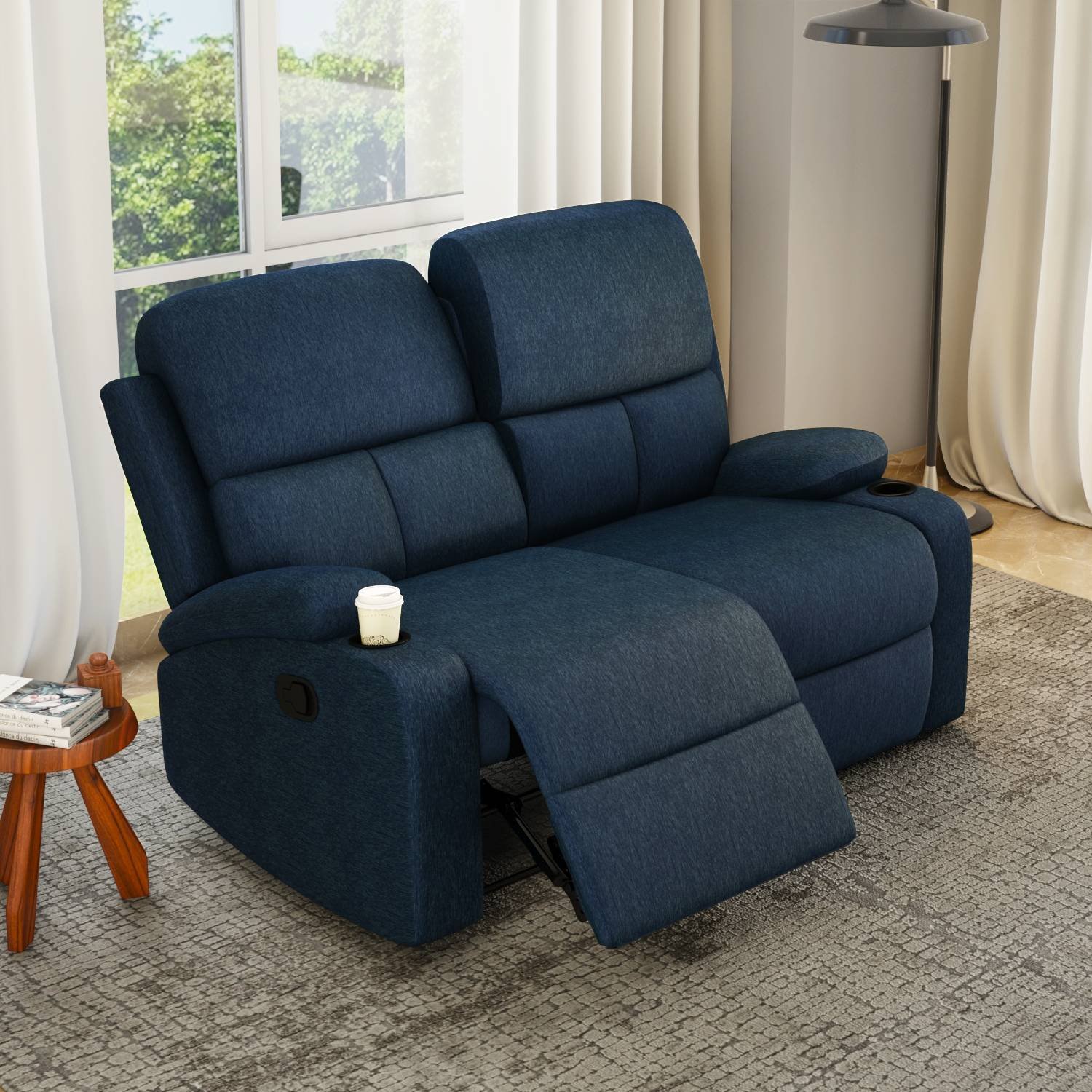 Matt2strblueLS Nilkamal Matt 2 Seater Recliner Sofa with Cup Holder (Blue) - Image 1
