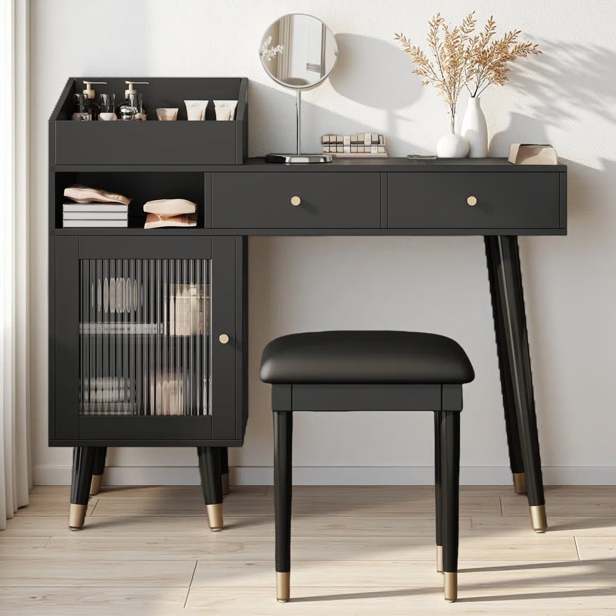 Modern_Makeup_Vanity_Desk_With_Drawers-850897465 Modern Wooden Makeup Vanity Desk with Drawers – Compact Bedroom Vanity - Image 1