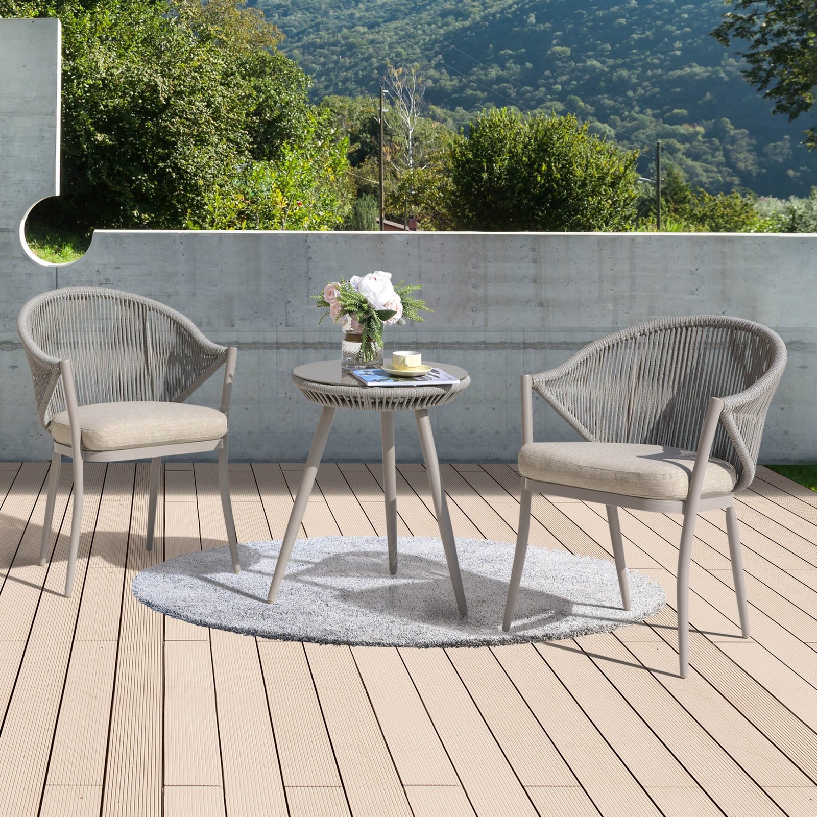 NUU-GARDEN-Outdoor-3-piece-Bistro-Set-With-Cushion_3 Detect Outdoor Patio Seating Set 2 Chairs and 1 Table Set (Grey) Braided & Rope - Image 1