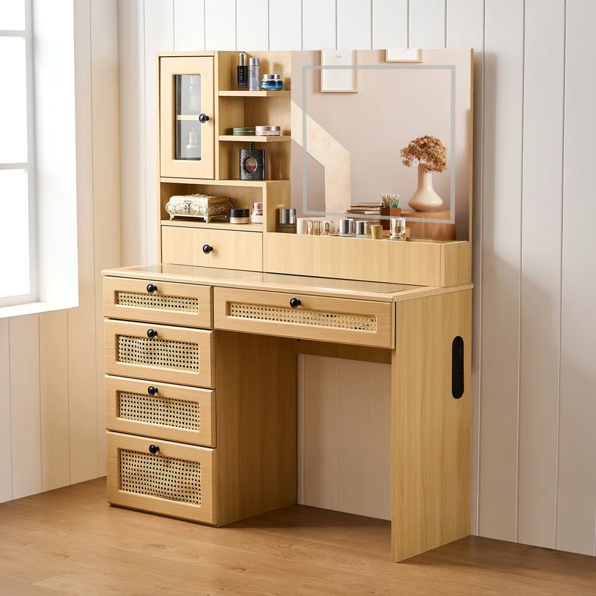 Wooden Rattan Makeup Vanity – LED Mirror with 3 Light Modes, 6 Drawers & Charging Port - Image 11