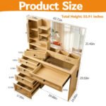 Wooden Rattan Makeup Vanity – LED Mirror with 3 Light Modes, 6 Drawers & Charging Port - Image 2