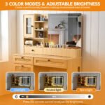 Wooden Rattan Makeup Vanity – LED Mirror with 3 Light Modes, 6 Drawers & Charging Port - Image 10