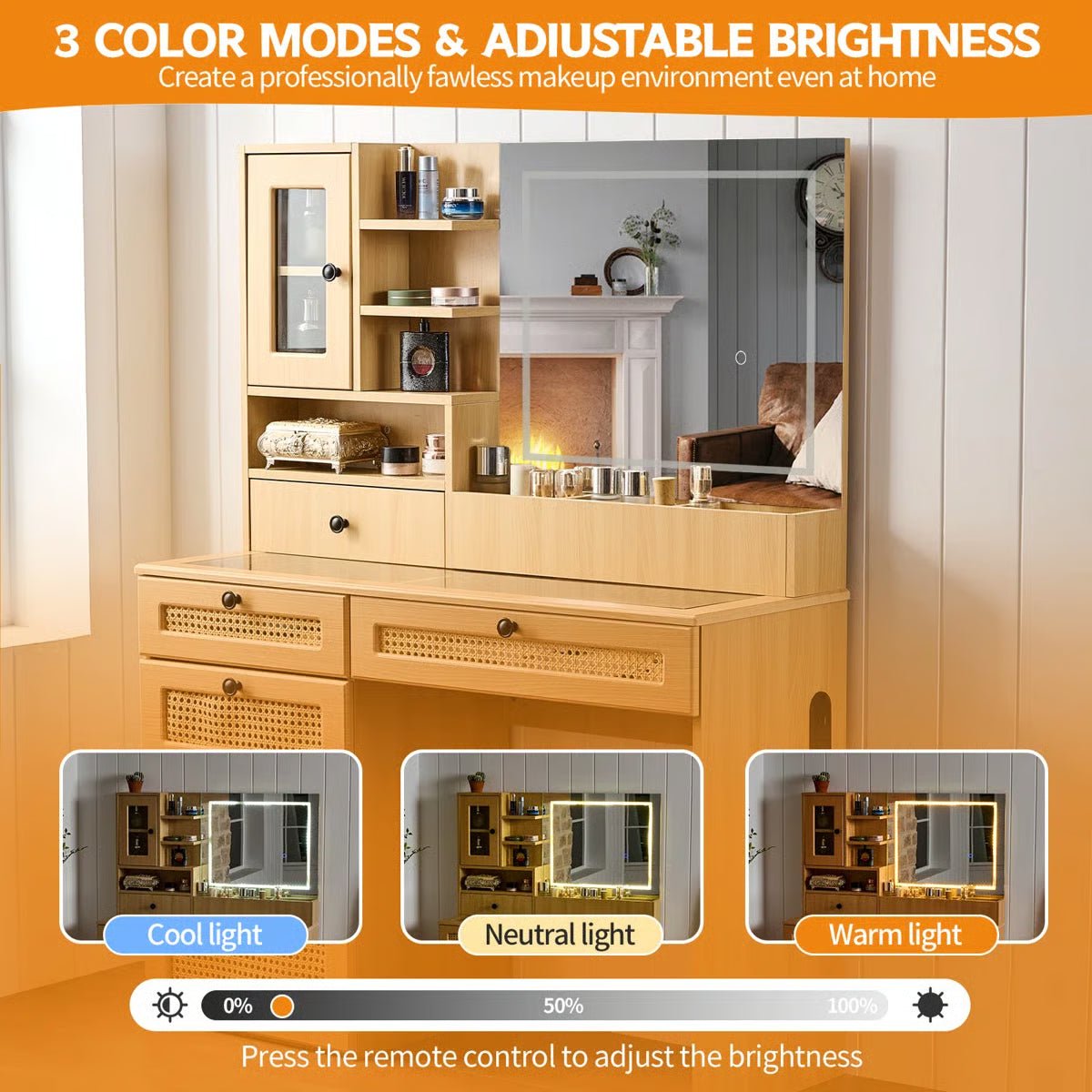 Wooden Rattan Makeup Vanity – LED Mirror with 3 Light Modes, 6 Drawers & Charging Port - Image 10