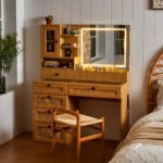 Wooden Rattan Makeup Vanity – LED Mirror with 3 Light Modes, 6 Drawers & Charging Port