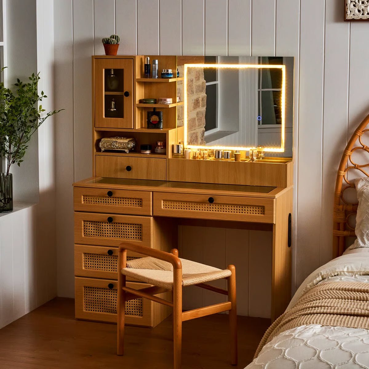Wooden Rattan Makeup Vanity – LED Mirror with 3 Light Modes, 6 Drawers & Charging Port - Image 1