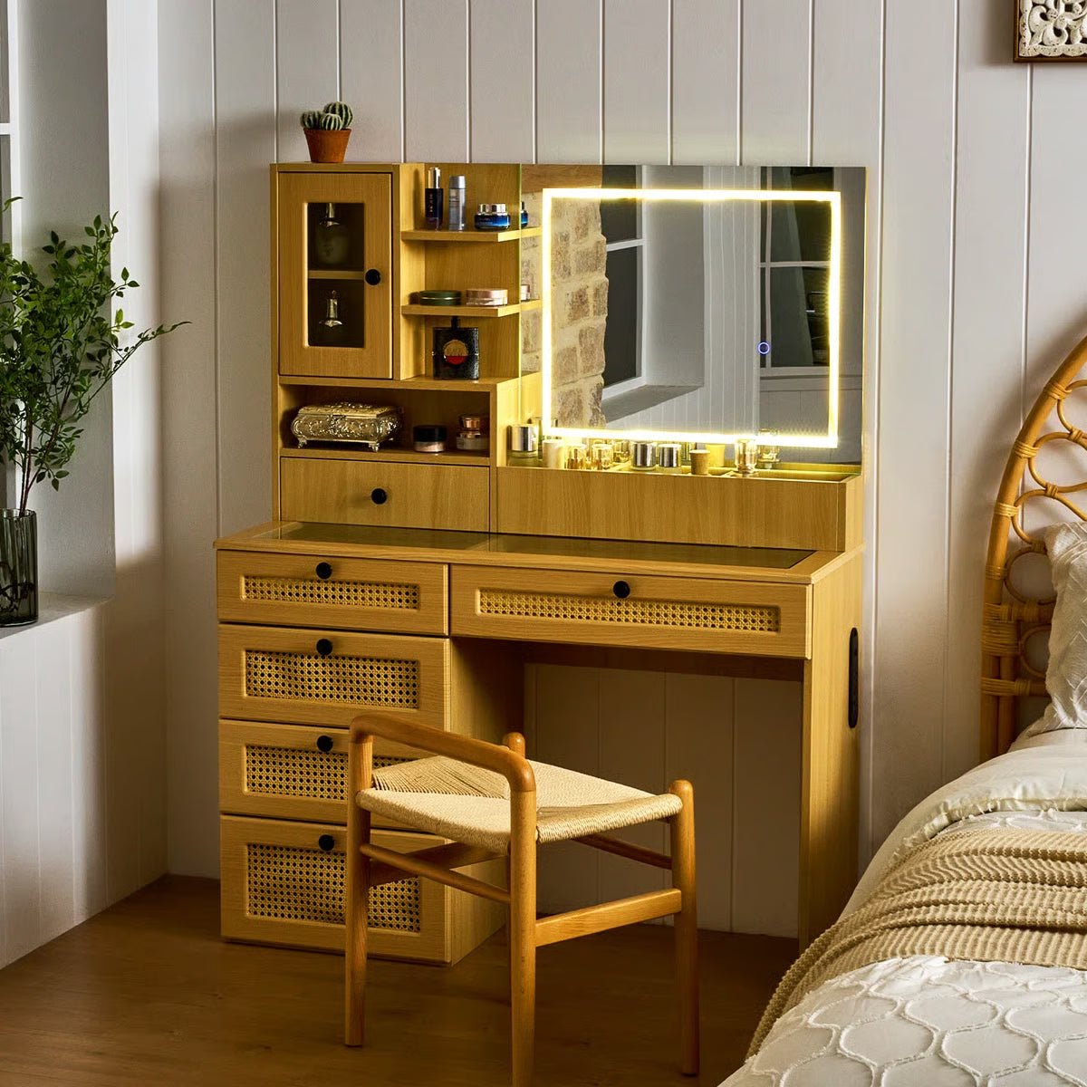 Wooden Rattan Makeup Vanity – LED Mirror with 3 Light Modes, 6 Drawers & Charging Port - Image 3