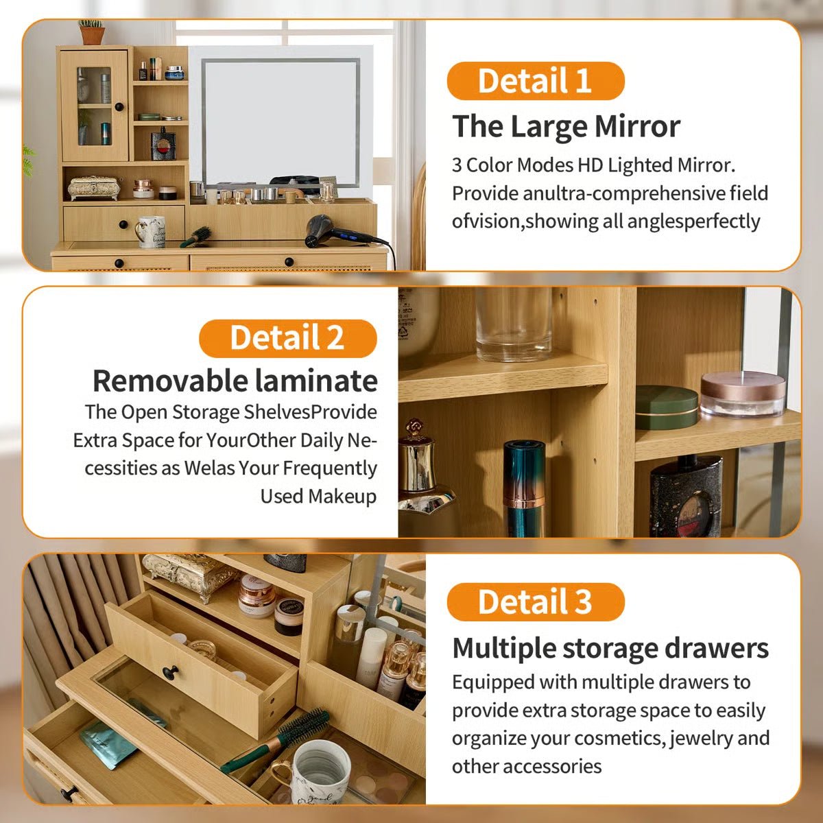 Wooden Rattan Makeup Vanity – LED Mirror with 3 Light Modes, 6 Drawers & Charging Port - Image 5