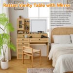 Wooden Rattan Makeup Vanity – LED Mirror with 3 Light Modes, 6 Drawers & Charging Port - Image 6