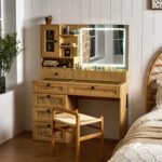 Wooden Rattan Makeup Vanity – LED Mirror with 3 Light Modes, 6 Drawers & Charging Port - Image 7