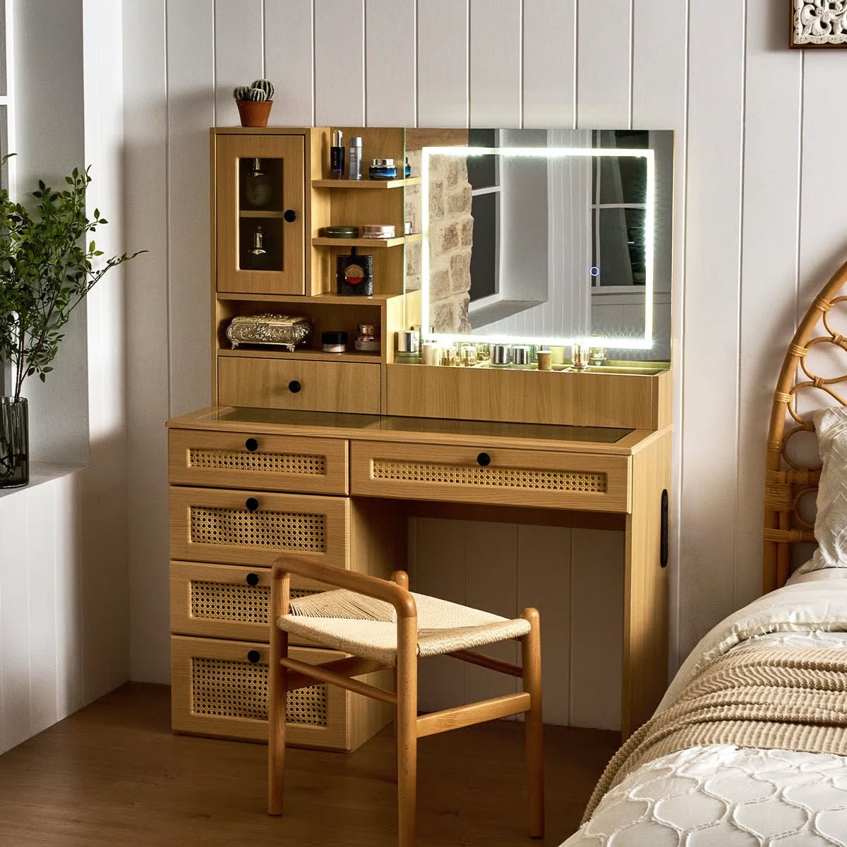 Wooden Rattan Makeup Vanity – LED Mirror with 3 Light Modes, 6 Drawers & Charging Port - Image 7
