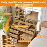 Wooden Rattan Makeup Vanity – LED Mirror with 3 Light Modes, 6 Drawers & Charging Port - Image 8