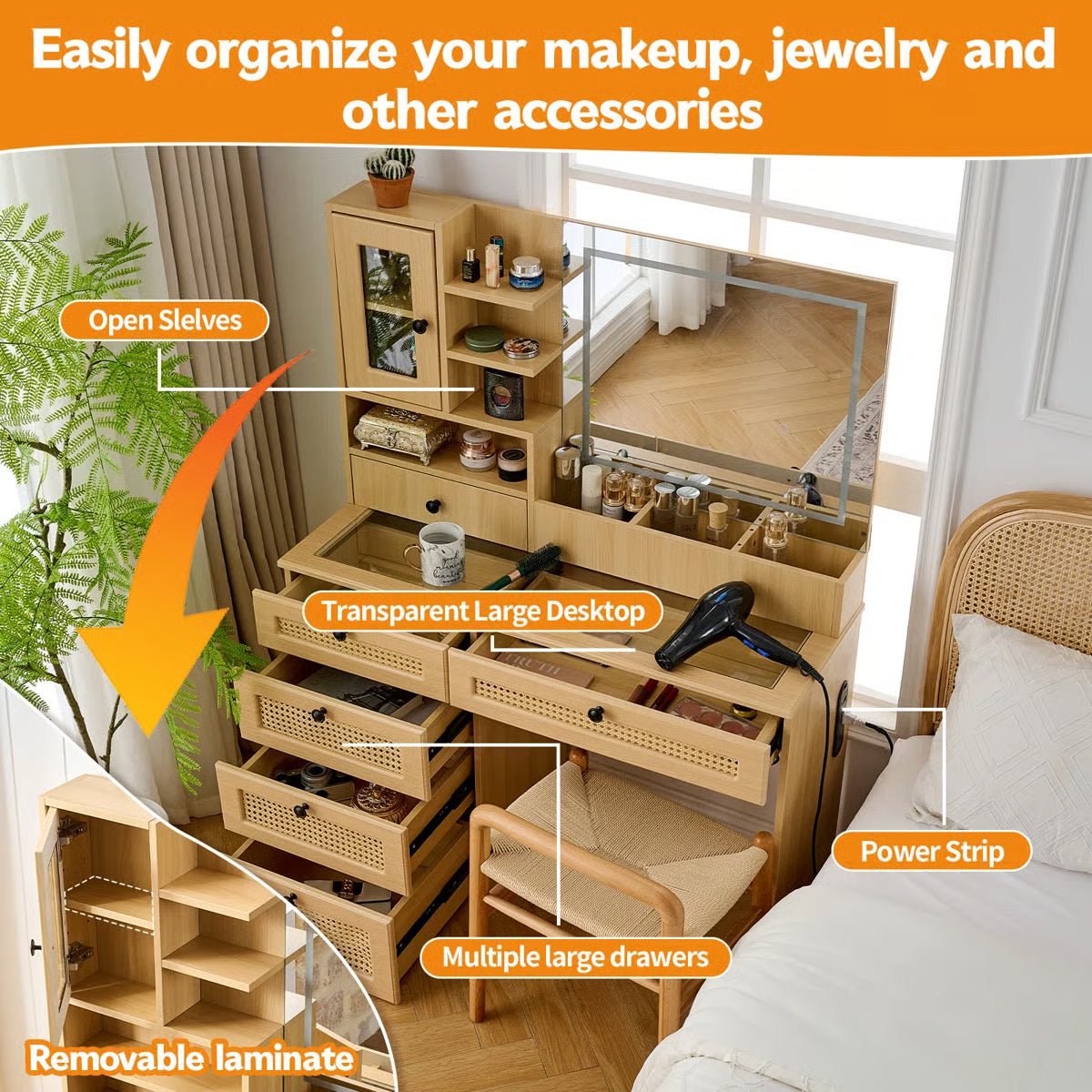 Wooden Rattan Makeup Vanity – LED Mirror with 3 Light Modes, 6 Drawers & Charging Port - Image 8