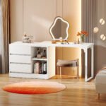 White Bedroom Vanity Table – Makeup Desk with 3 Drawers & Open Shelves - Image 9