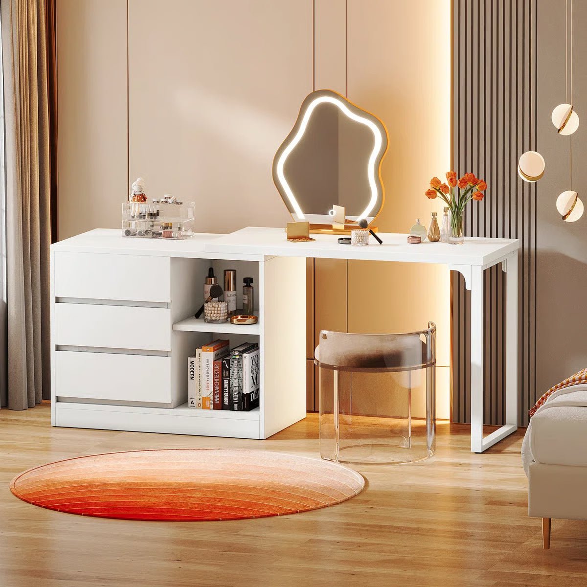 White Bedroom Vanity Table – Makeup Desk with 3 Drawers & Open Shelves - Image 9