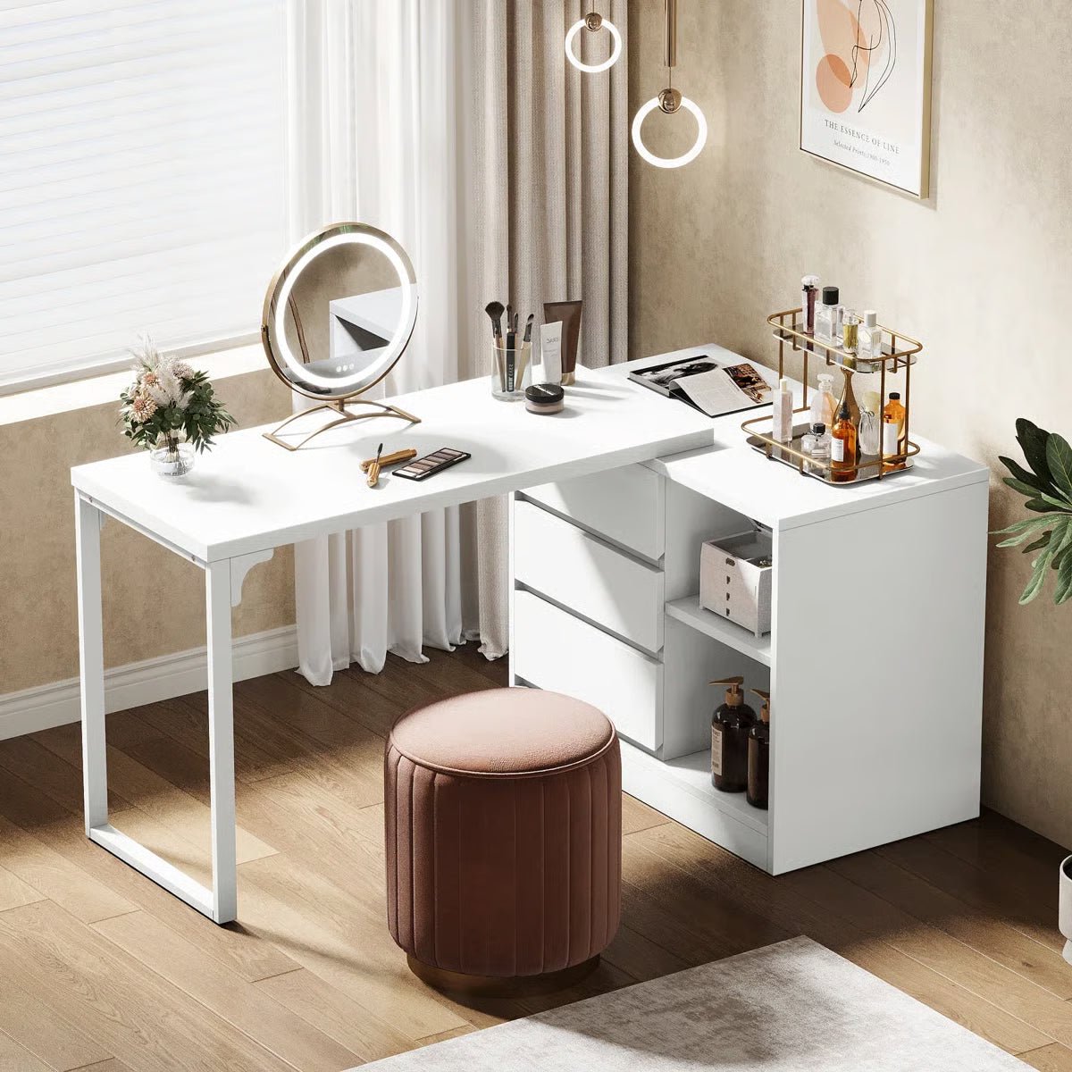 White Bedroom Vanity Table – Makeup Desk with 3 Drawers & Open Shelves - Image 5