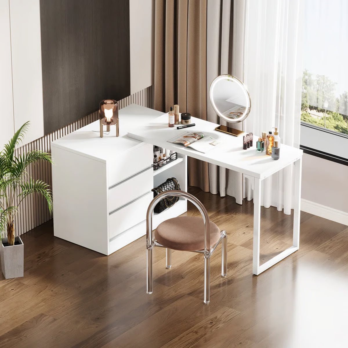 White Bedroom Vanity Table – Makeup Desk with 3 Drawers & Open Shelves - Image 6